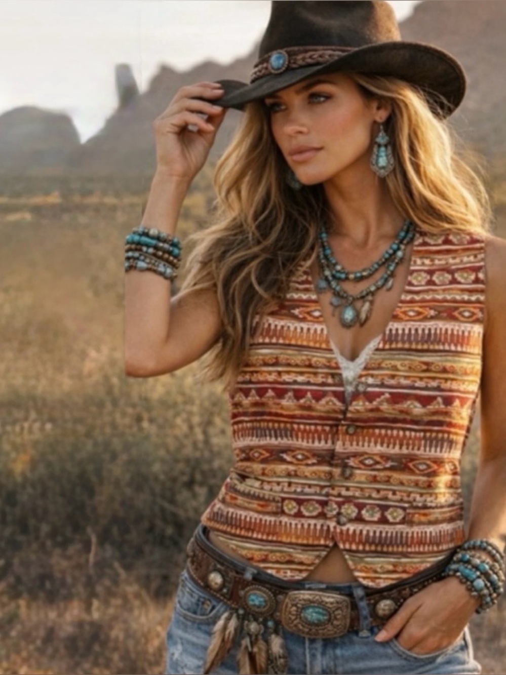 Boho Southwestern Patterned Vest in Rust